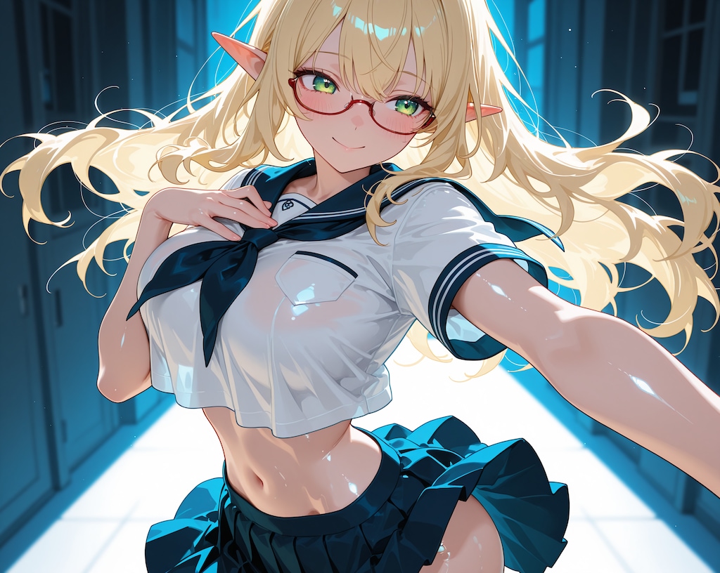 金髪エルフさん♪…カラフル制服ヘソ出し♡