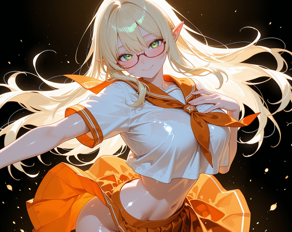 金髪エルフさん♪…カラフル制服ヘソ出し♡