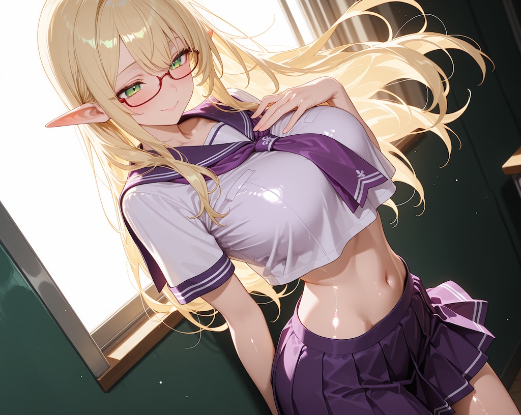 金髪エルフさん♪…カラフル制服ヘソ出し♡