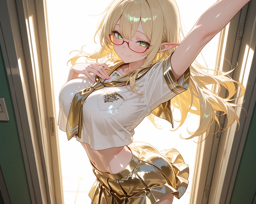 金髪エルフさん♪…カラフル制服ヘソ出し♡