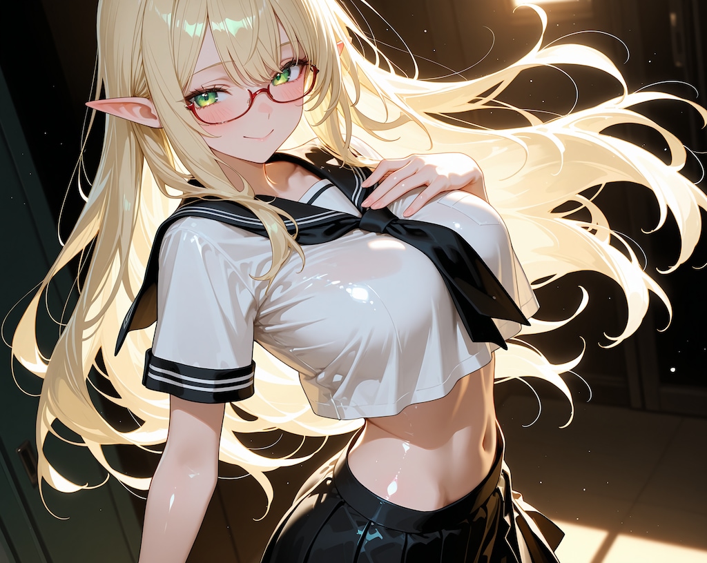 金髪エルフさん♪…カラフル制服ヘソ出し♡