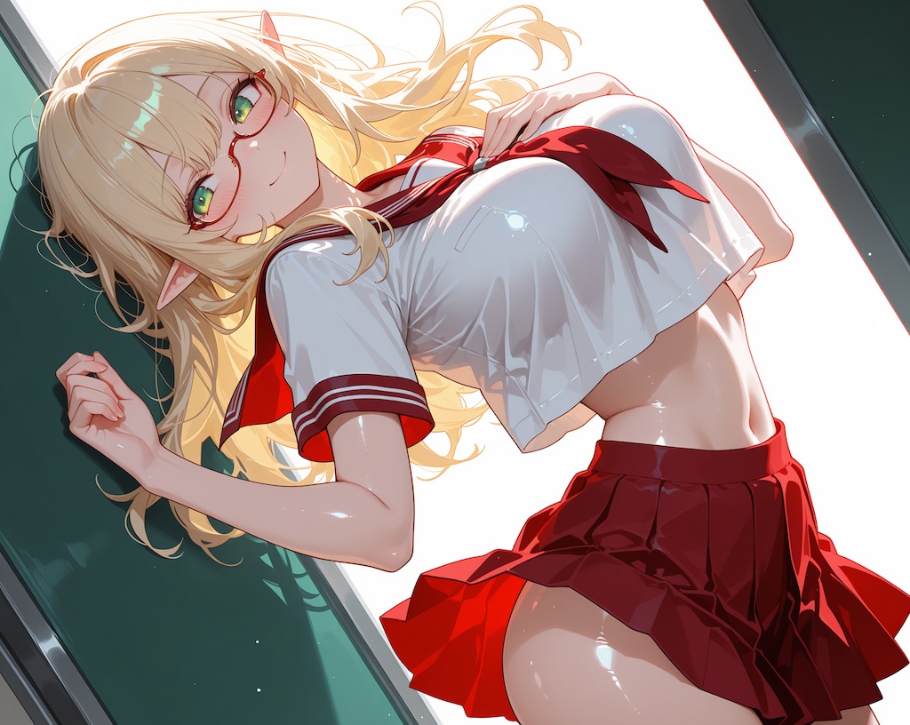 金髪エルフさん♪…カラフル制服ヘソ出し♡