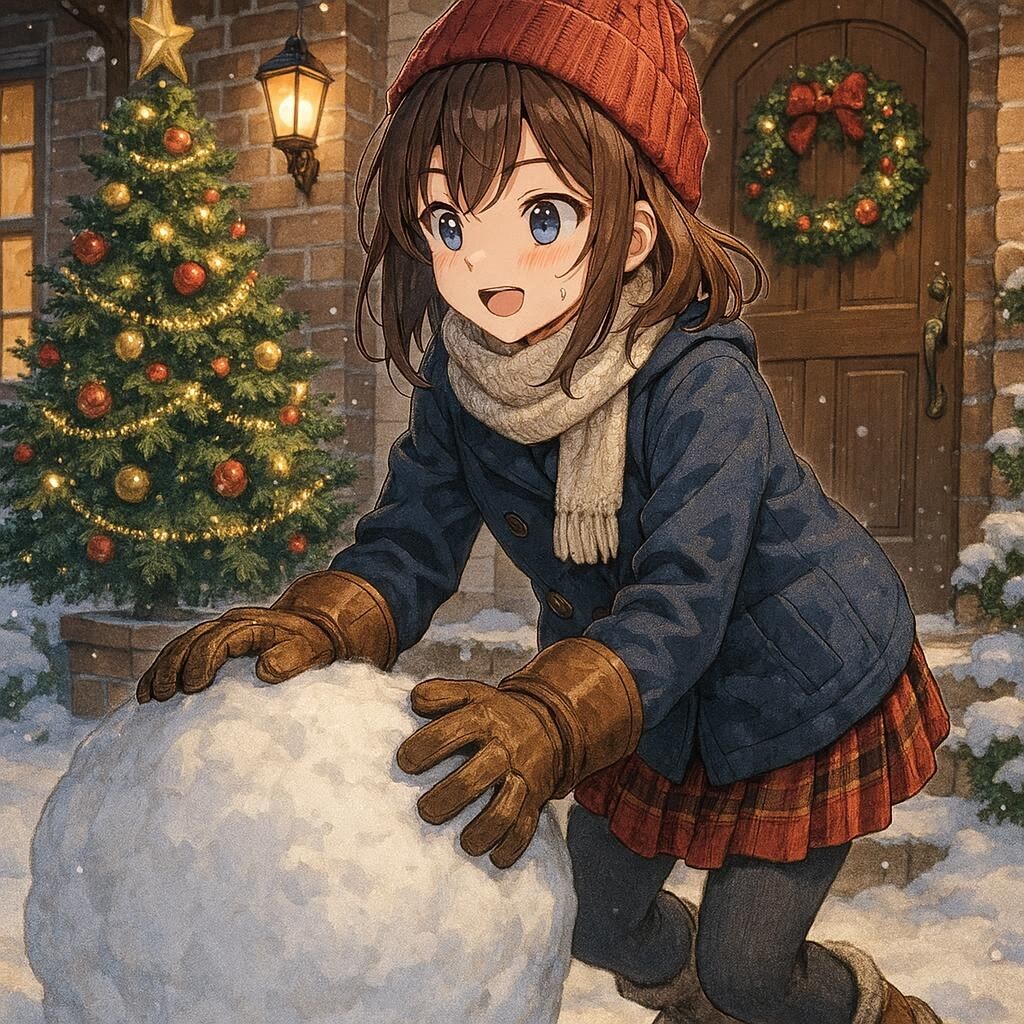 クリスマスの準備に雪玉を転がしている女の子