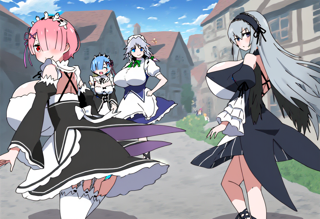 爆乳メイド達が振り返りながら走る