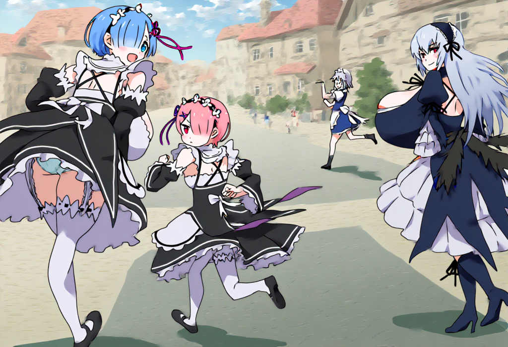 爆乳メイド達が振り返りながら走る