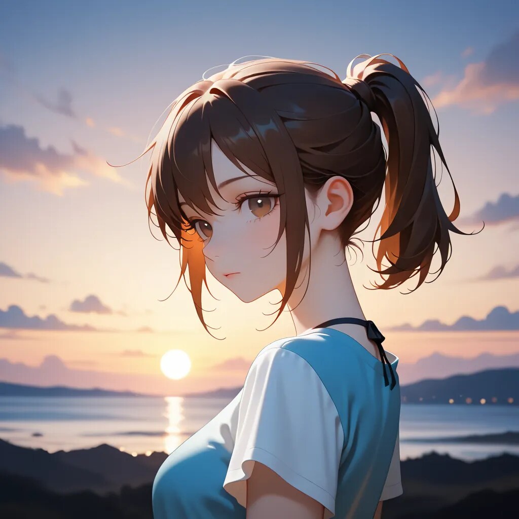 夕日とポニーテール