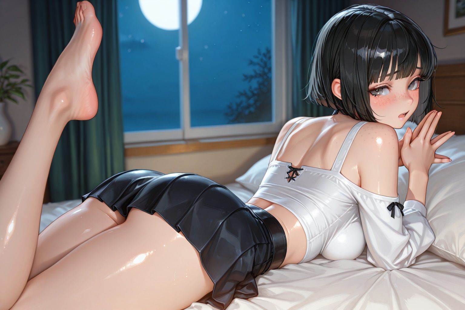 ベッドの上で寝そべるそばかすボブちゃんと真っ白お姉さん