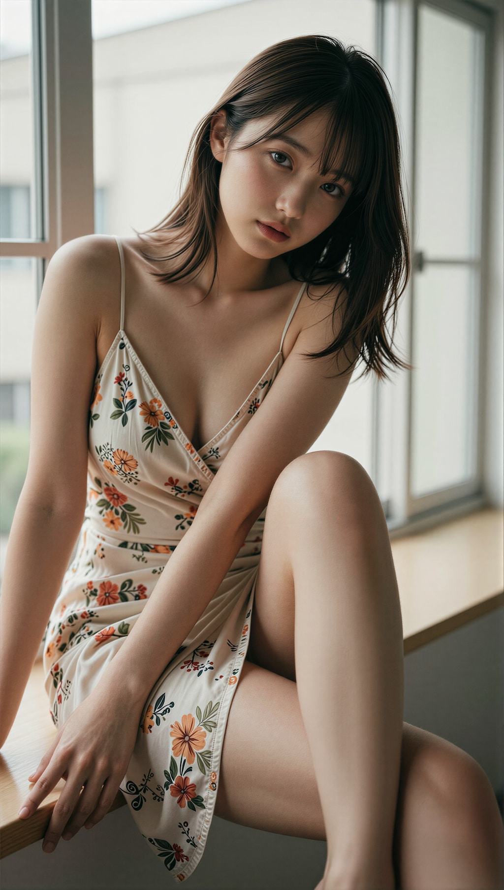 夏の窓際の花柄ワンピース