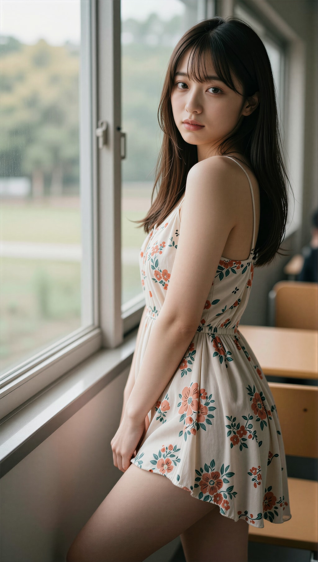 夏の窓際の花柄ワンピース