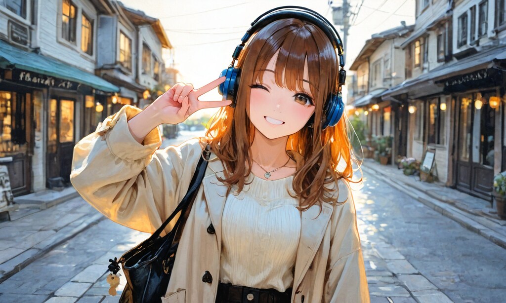 街中でピースサイン