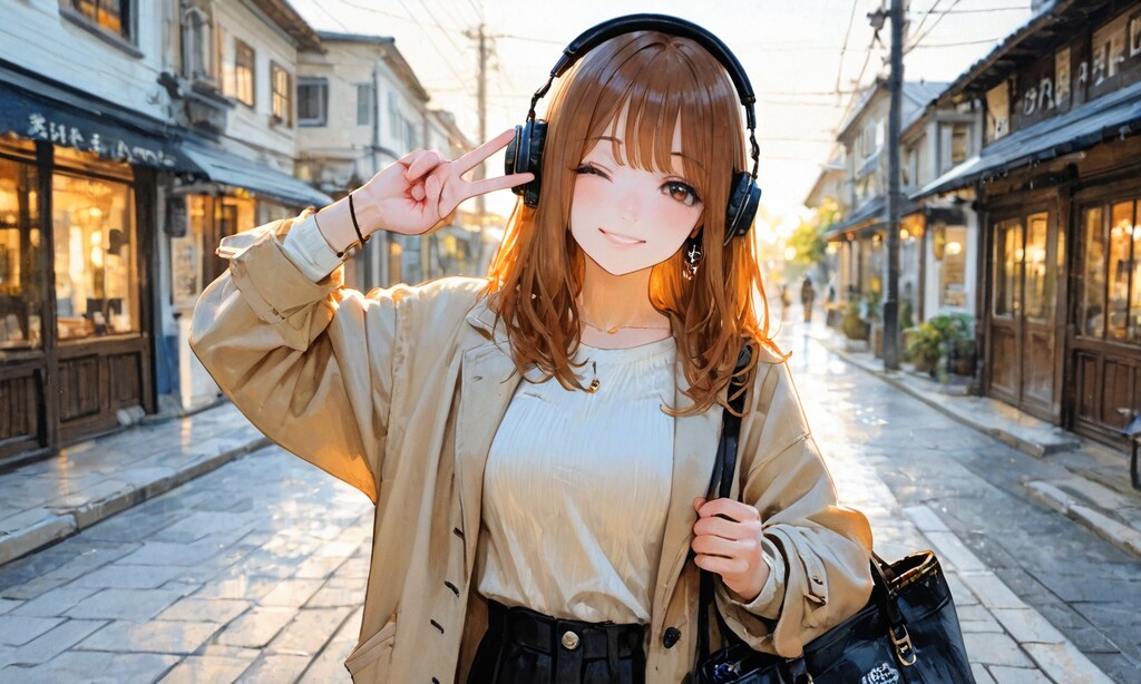 街中でピースサイン