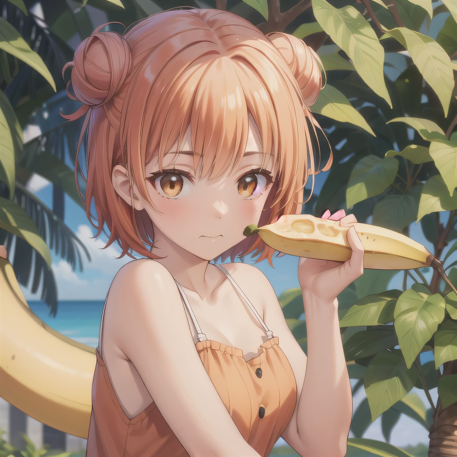 茶髪シニヨンでバナナの少女 | の人気AIイラスト・グラビア