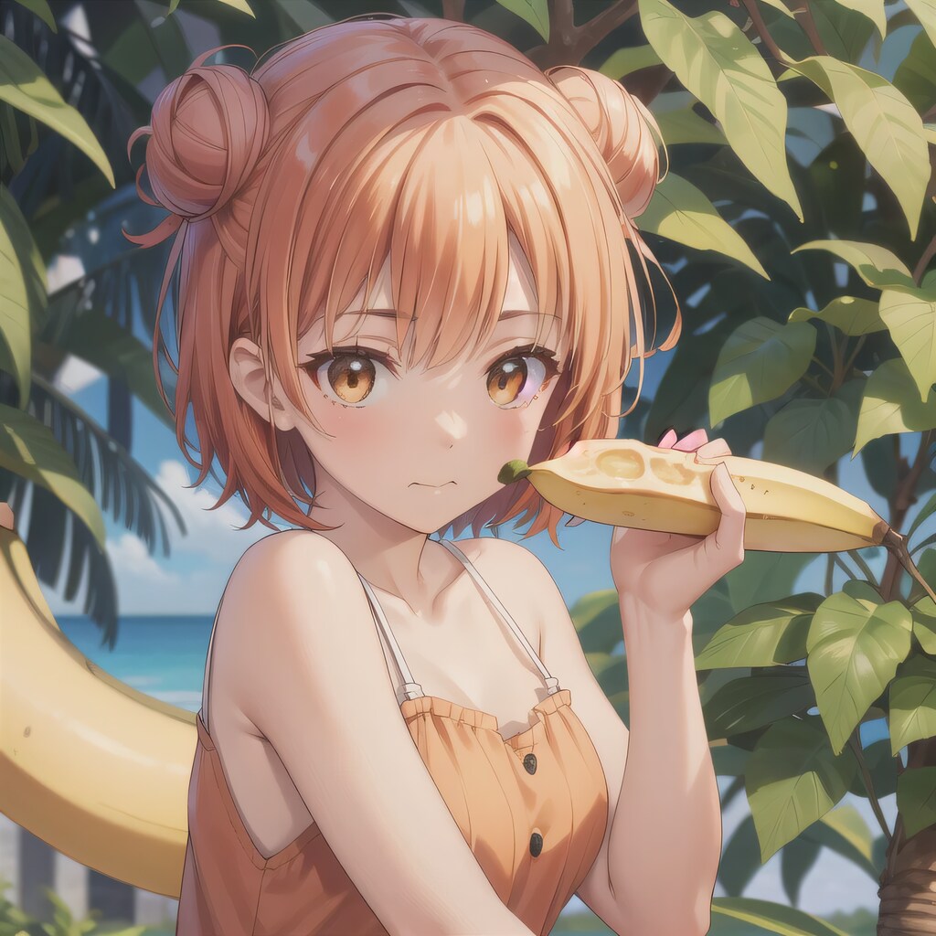 茶髪シニヨンでバナナの少女