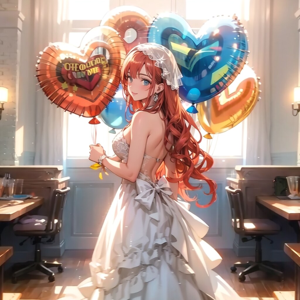 いっぱい色とりどりの風船を持つオレンジ髪ロングのウェディングドレス着た美女