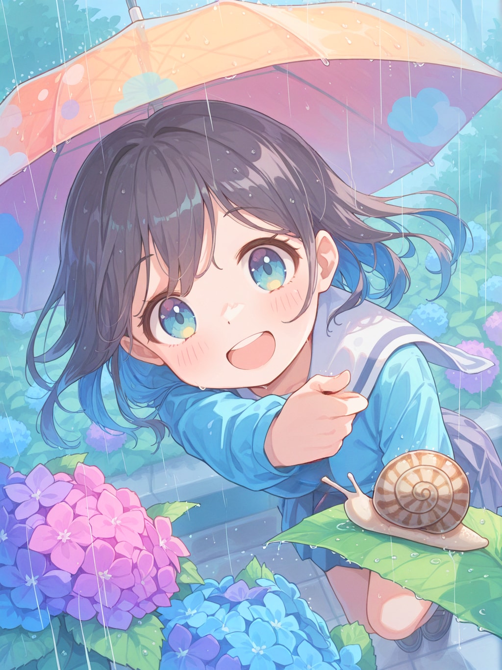 梅雨の紫陽花とかたつむり