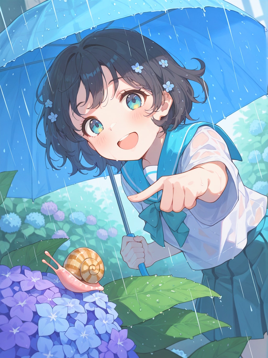 梅雨の紫陽花とかたつむり