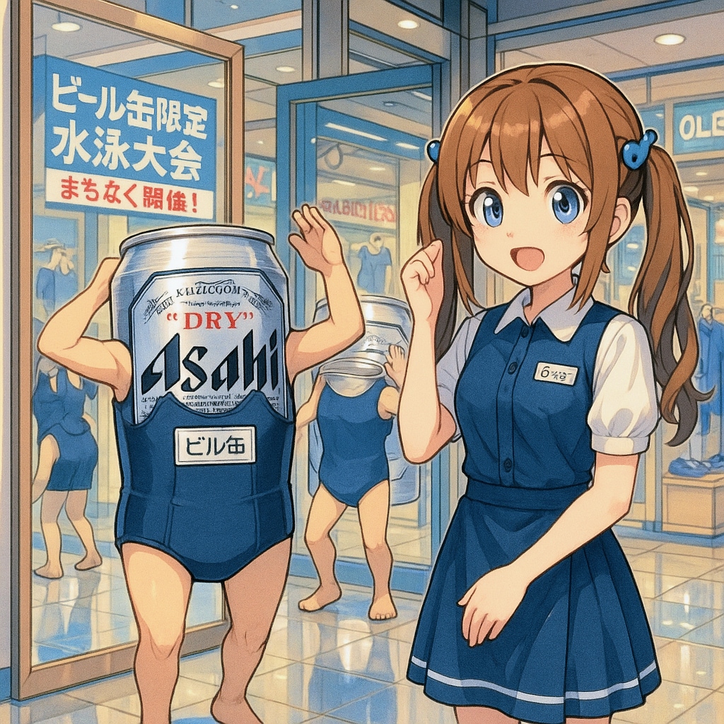 モールでスク水のビール缶と女の子