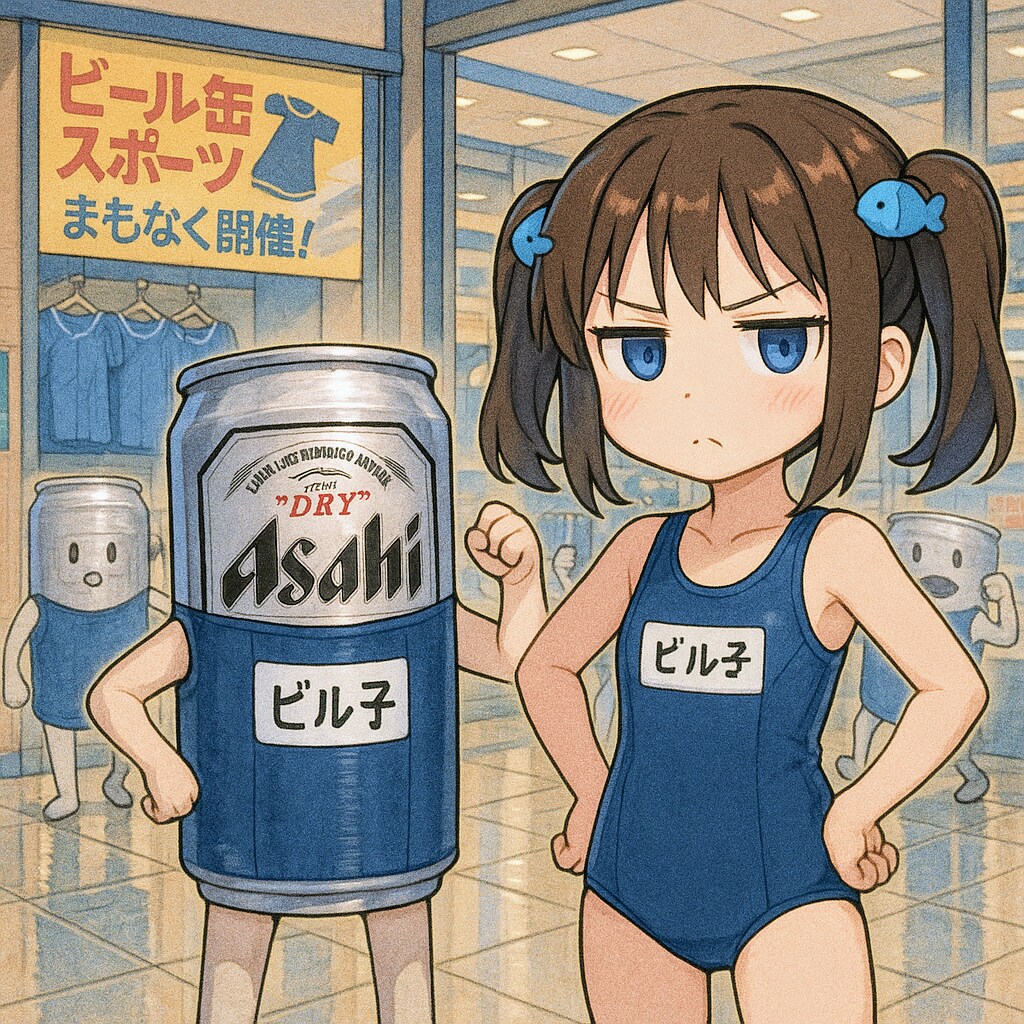 モールでスク水のビール缶と女の子