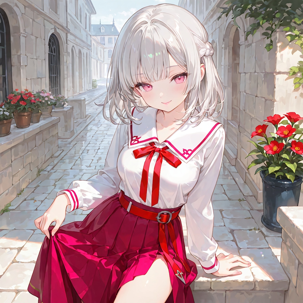 道にある赤い花