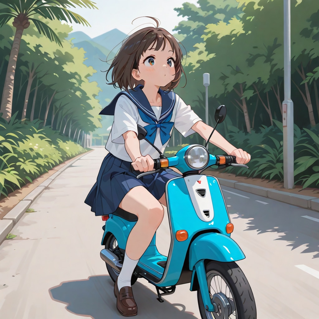 A cute girl driving on a moped bike