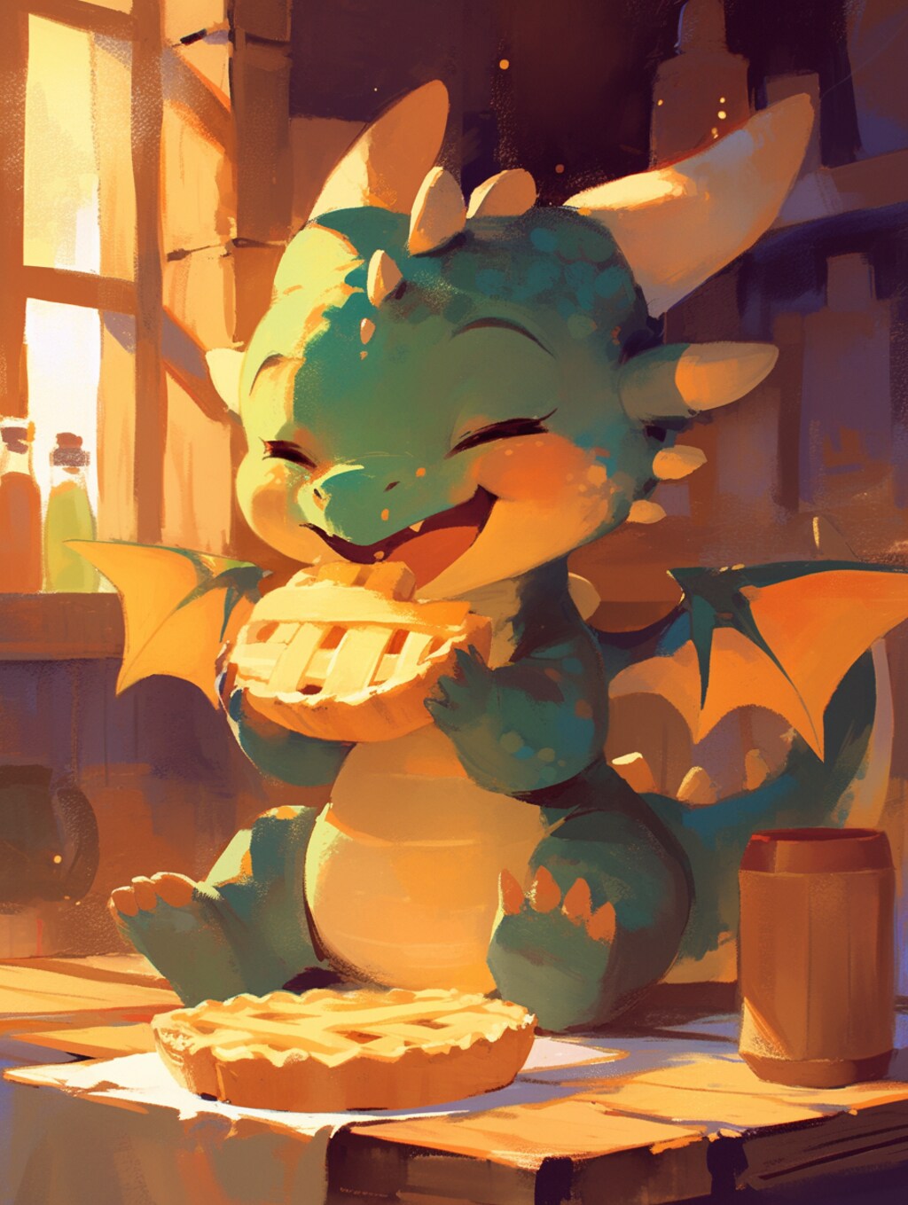 アップルパイを食べるドラゴンのこども