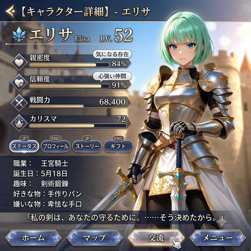 【キャラクター詳細】王宮騎士エリサ —信頼度91%の誓い—