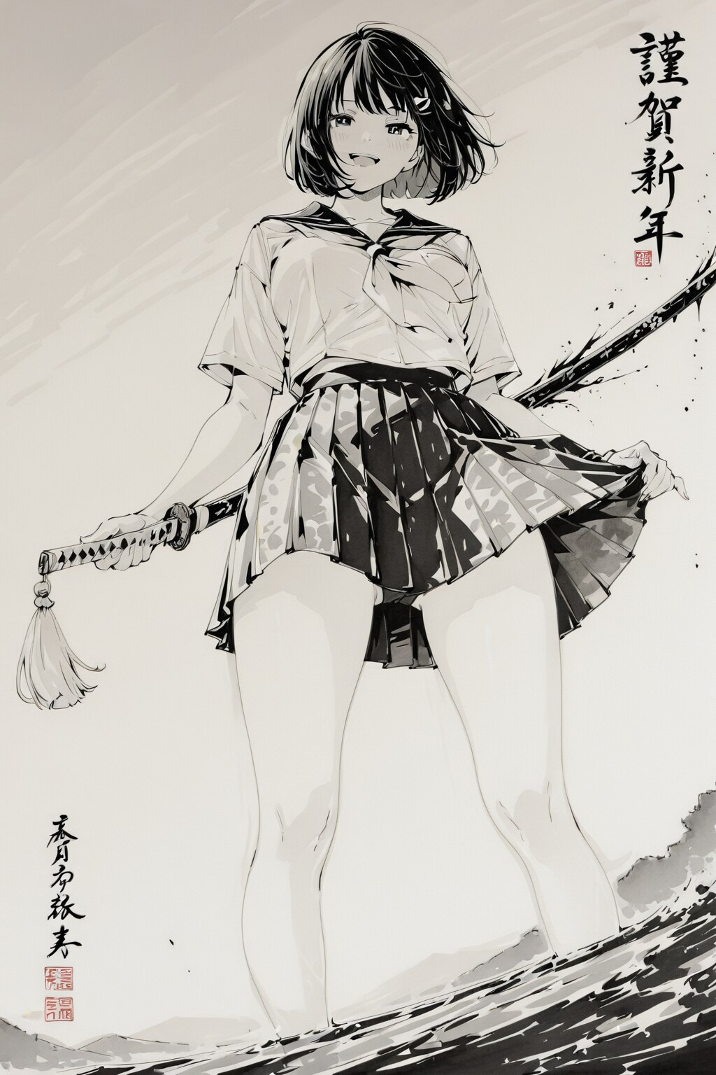 水墨画の直訳「Ink wash painting」の前に、モノクロームのを付けて「monochrome ink wash painting」でやっと水墨画っぽく