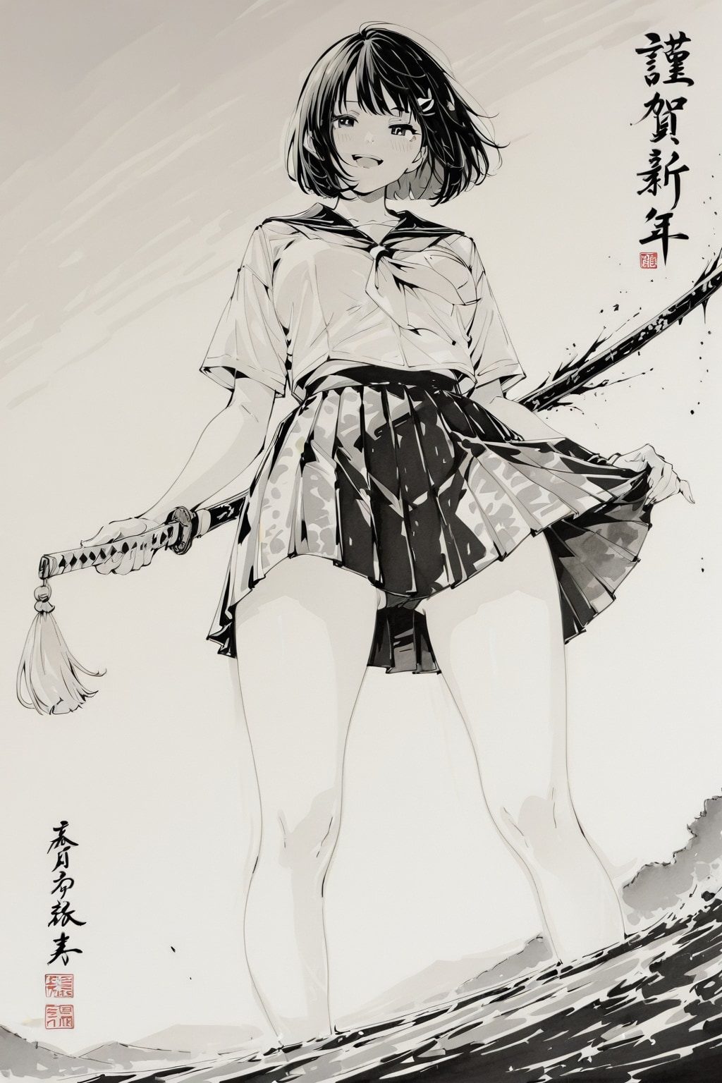 水墨画の直訳「Ink wash painting」の前に、モノクロームのを付けて「monochrome ink wash painting」でやっと水墨画っぽく