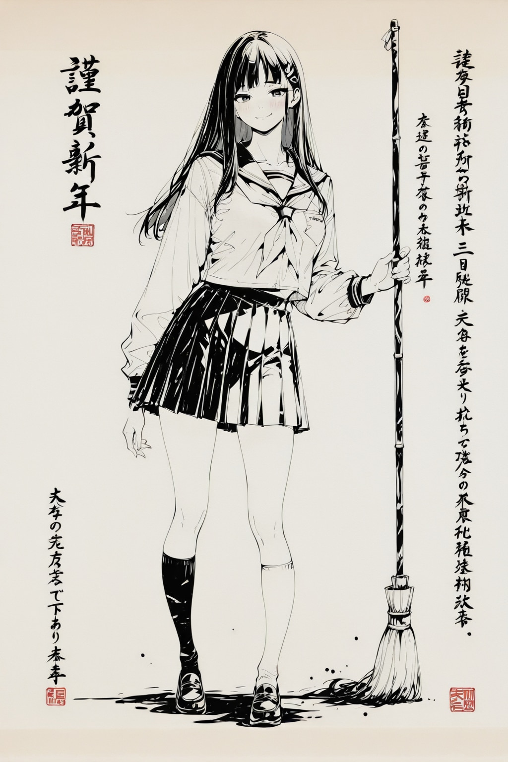 水墨画の直訳「Ink wash painting」の前に、モノクロームのを付けて「monochrome ink wash painting」でやっと水墨画っぽく