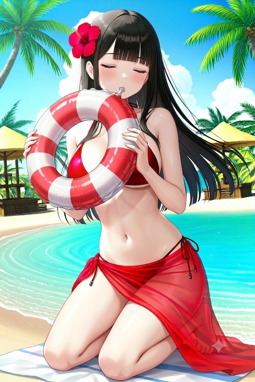 浮き輪膨らますサキちゃん