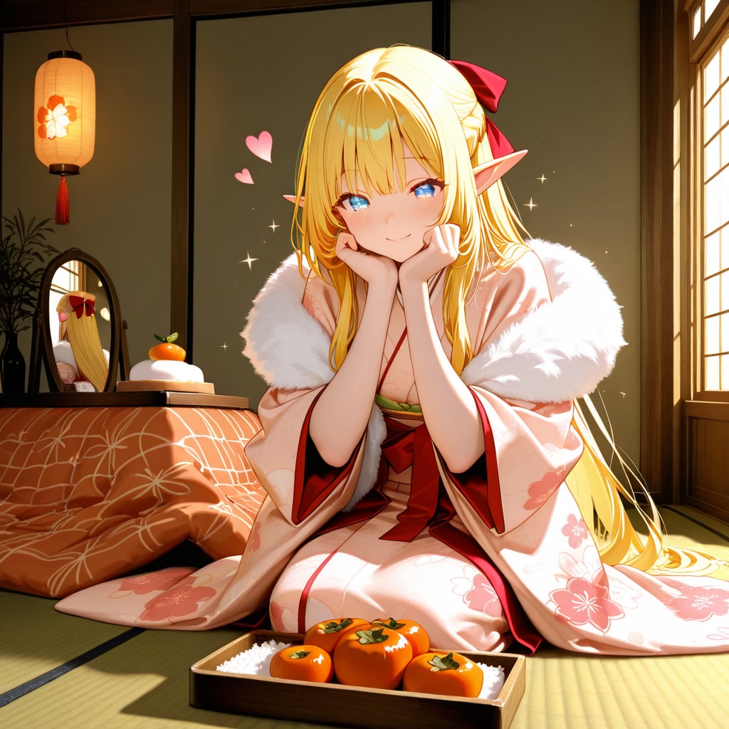 お正月の鏡餅を飾ったり眺めたりしているエルフの女の子