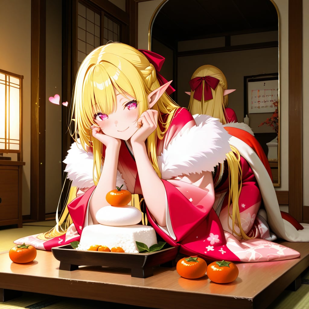 お正月の鏡餅を飾ったり眺めたりしているエルフの女の子