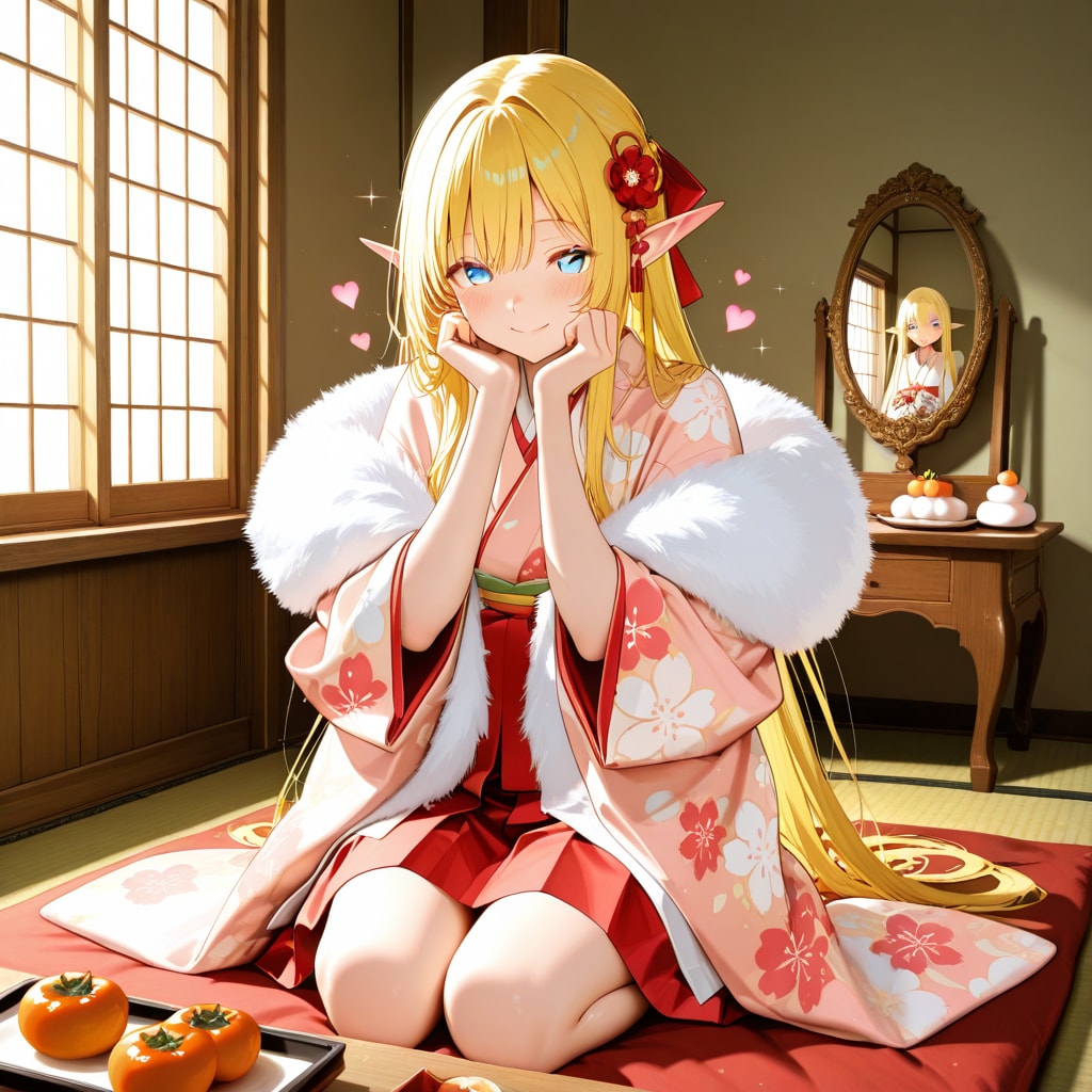 お正月の鏡餅を飾ったり眺めたりしているエルフの女の子