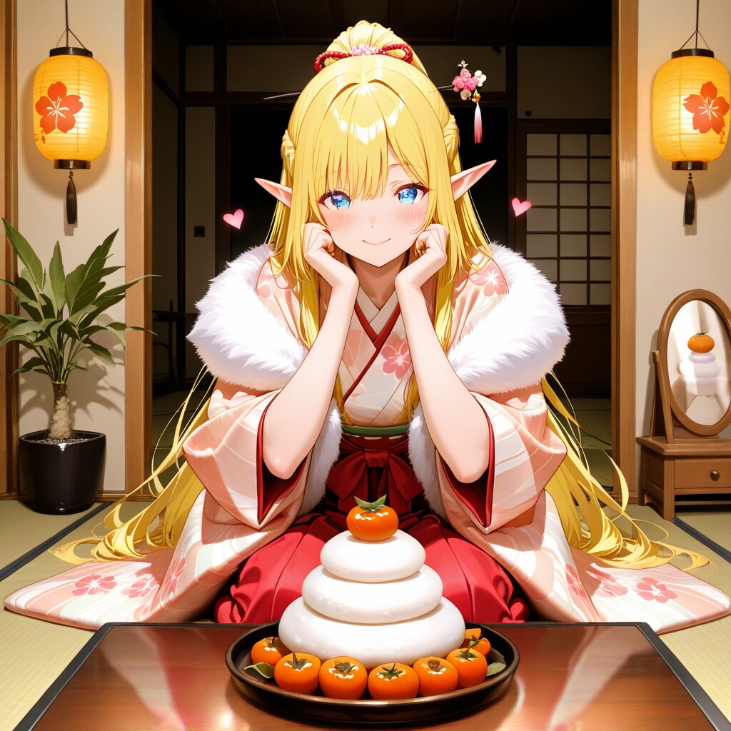 お正月の鏡餅を飾ったり眺めたりしているエルフの女の子 | の人気AIイラスト・グラビア