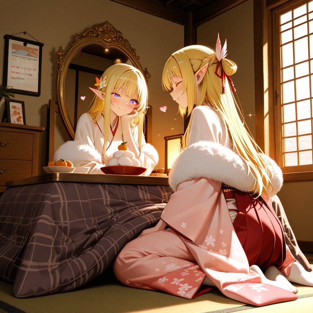 お正月の鏡餅を飾ったり眺めたりしているエルフの女の子