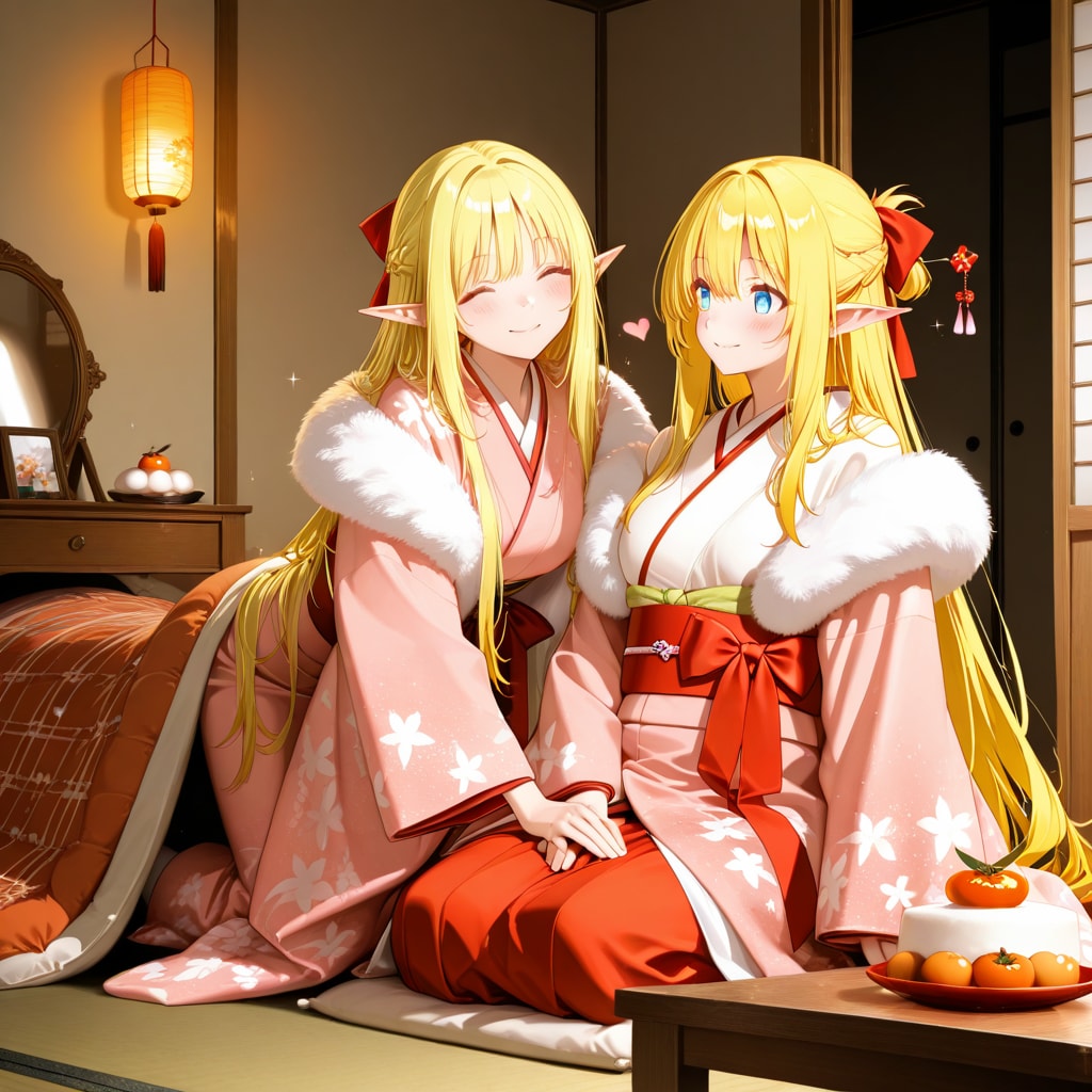 お正月の鏡餅を飾ったり眺めたりしているエルフの女の子