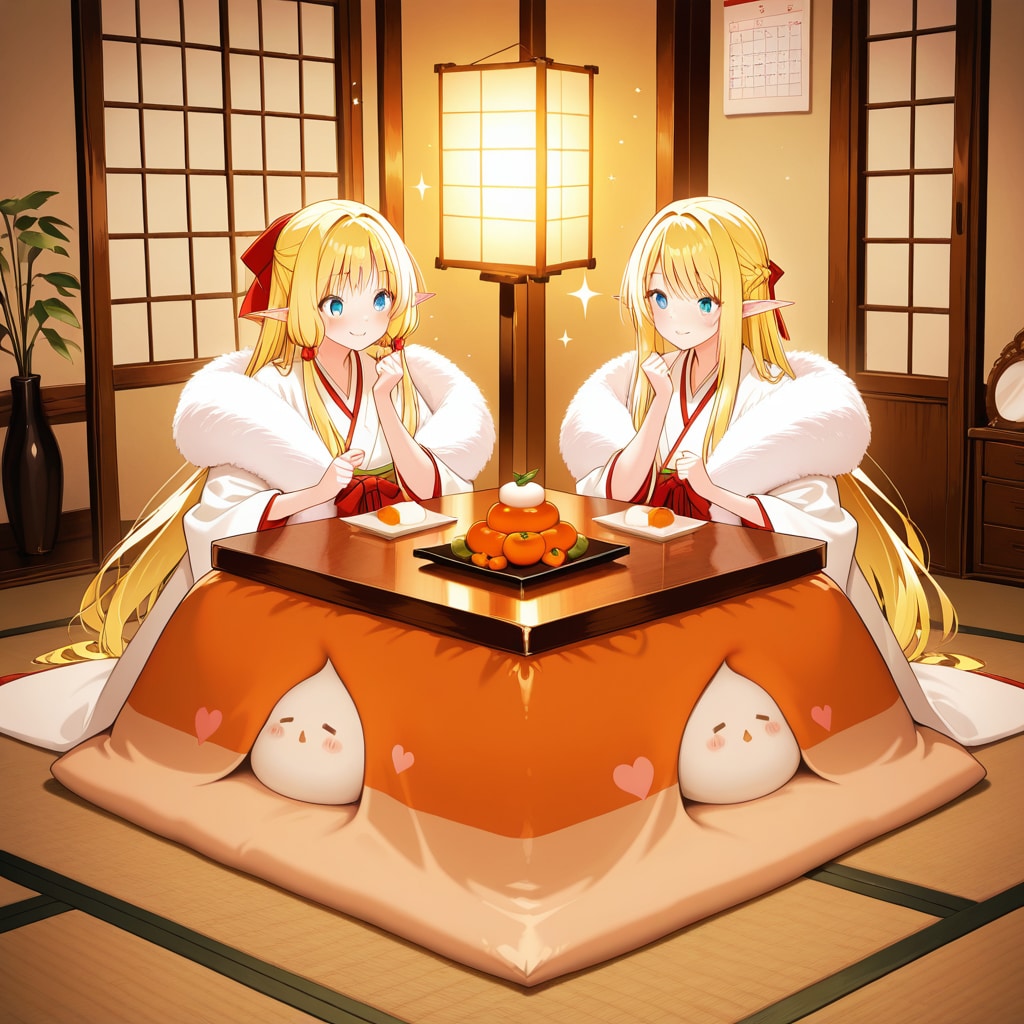 お正月の鏡餅を飾ったり眺めたりしているエルフの女の子