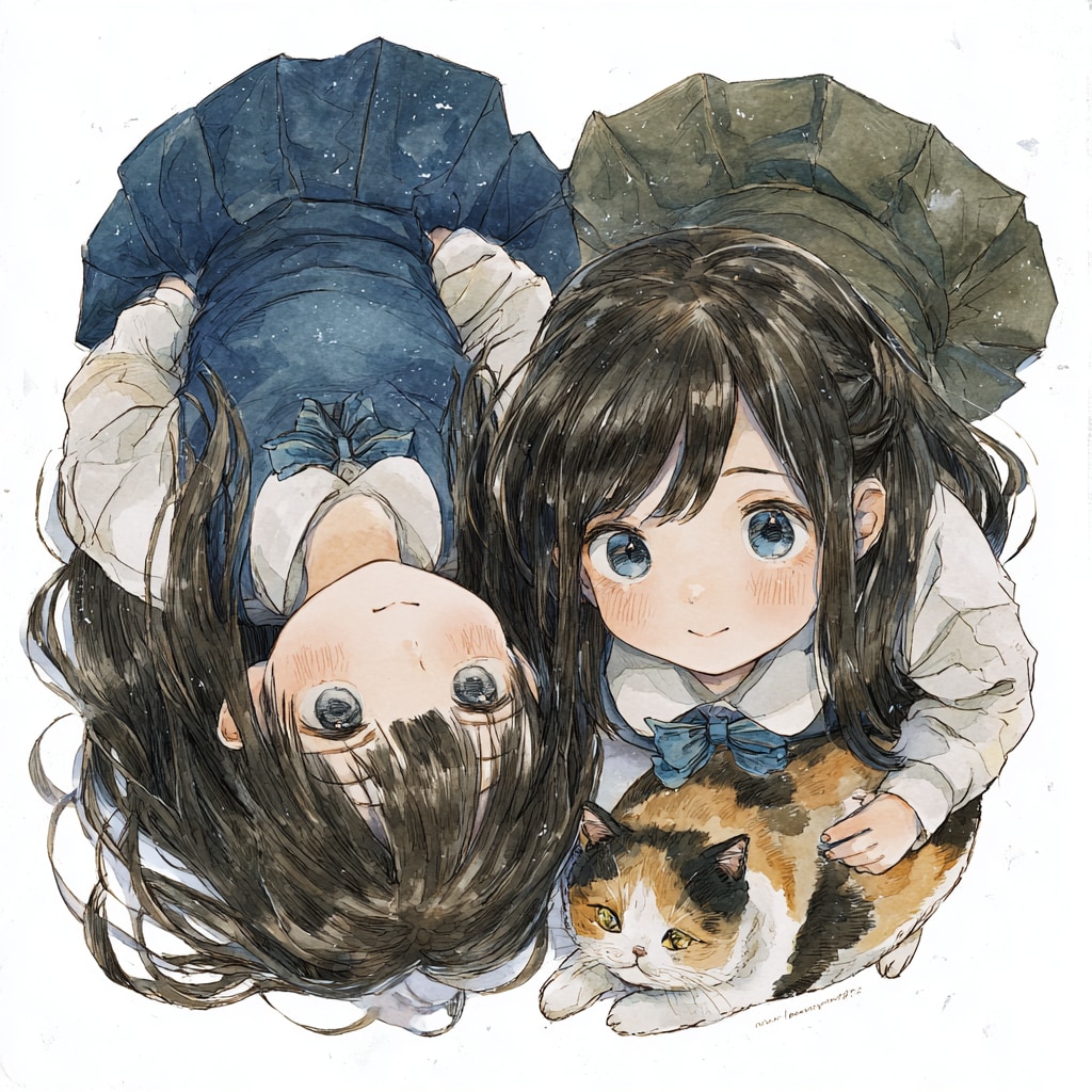 三毛殿と双子の黒髪少女（１）Midjourney v7