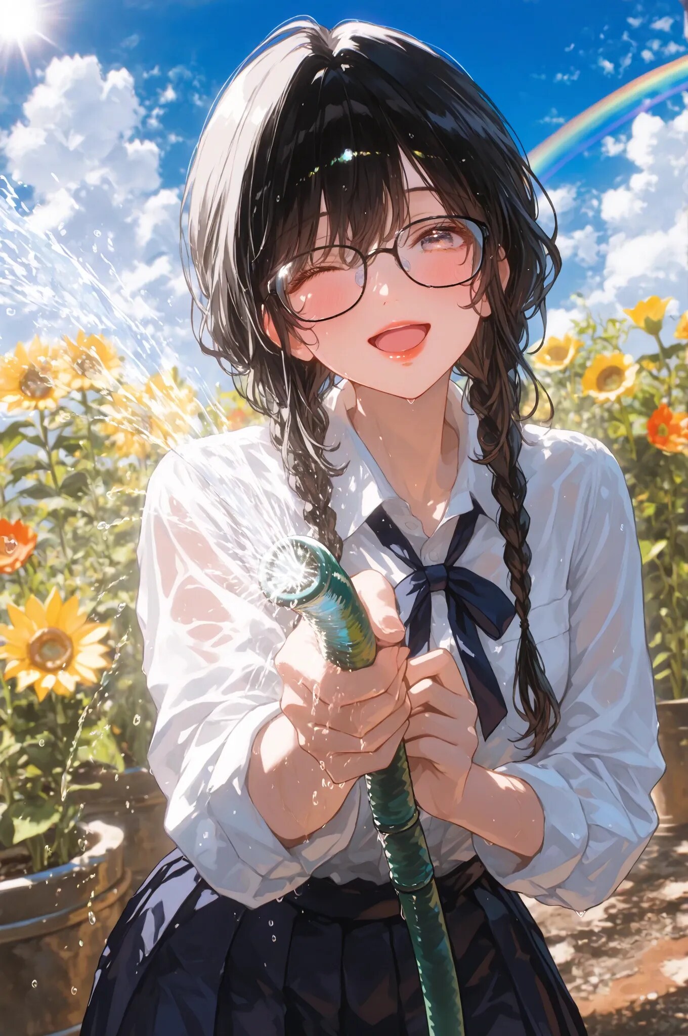 ひまわりだと思った？眼鏡三つ編みの応援投稿ですw | の人気AIイラスト・グラビア