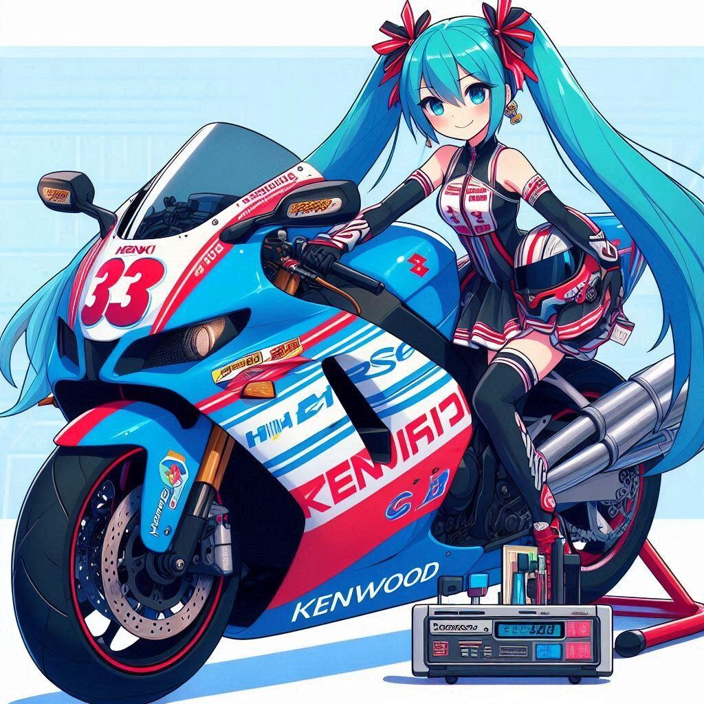 ケンウッドカラースズキ隼のレーシングバイクとチアガール初音ミク