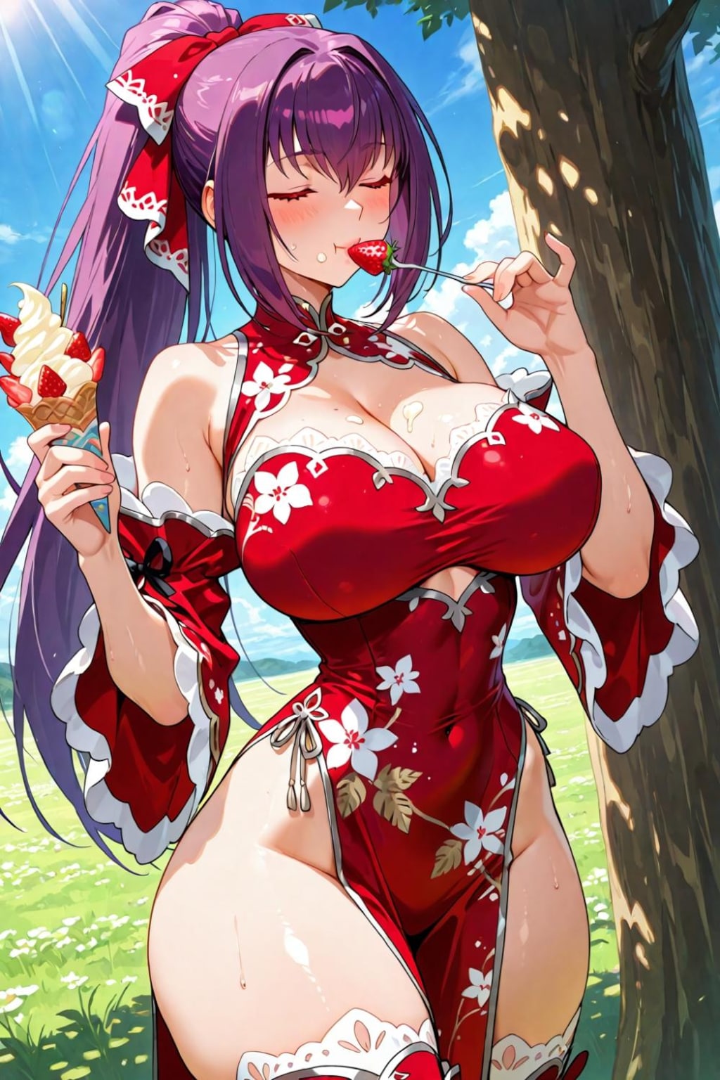 お弟子にバレないと思ってアイス食べるイチゴボディースーツコスプレ師匠人妻