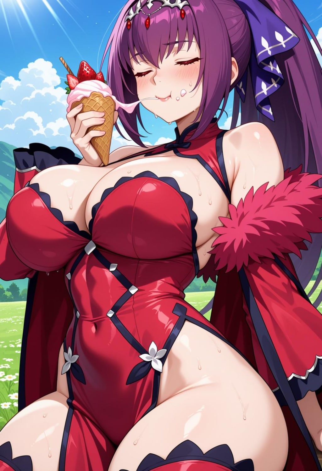 お弟子にバレないと思ってアイス食べるイチゴボディースーツコスプレ師匠人妻