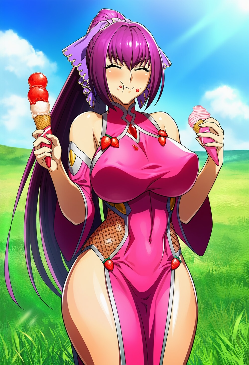 お弟子にバレないと思ってアイス食べるイチゴボディースーツコスプレ師匠人妻 | の人気AIイラスト・グラビア