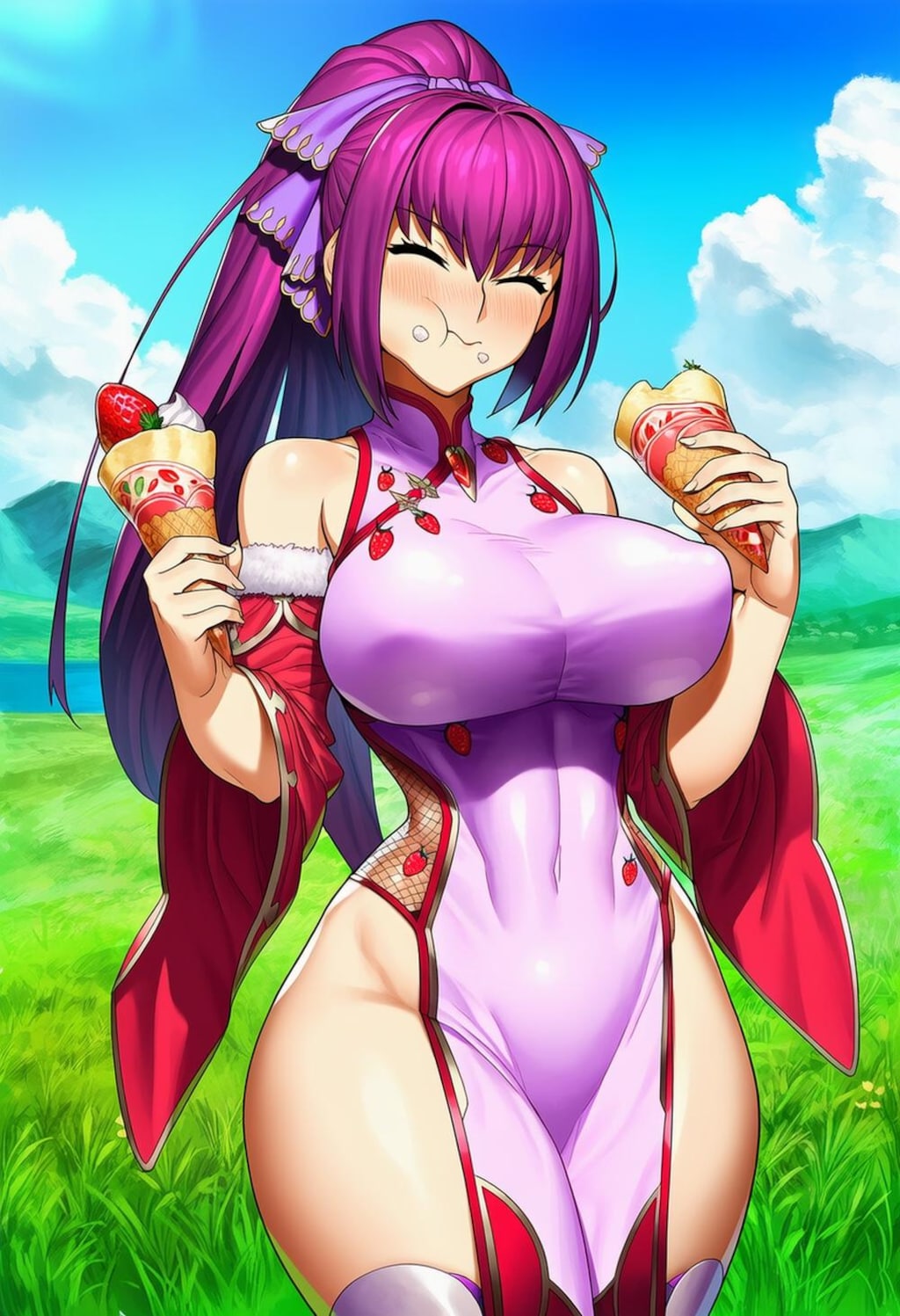 お弟子にバレないと思ってアイス食べるイチゴボディースーツコスプレ師匠人妻