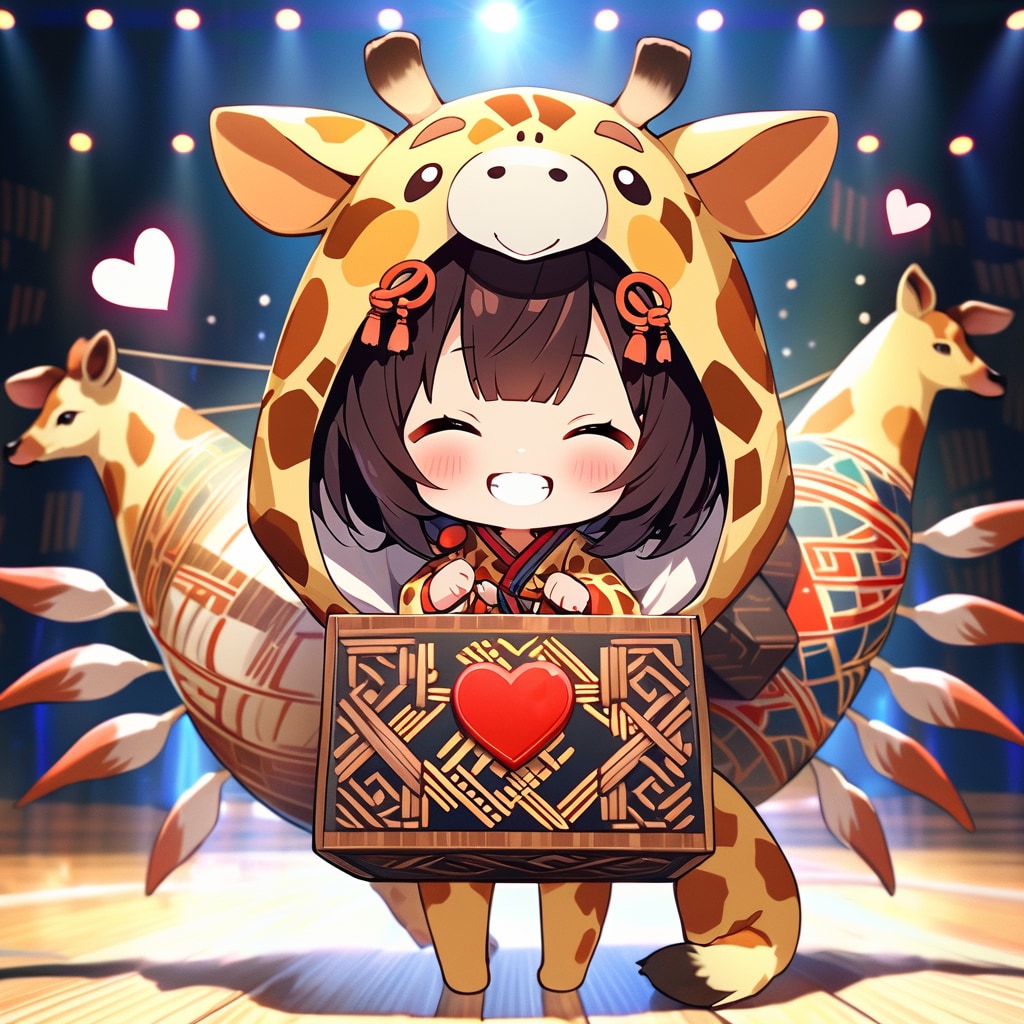 伝統的な文様とキリン着ぐるみちび子ちゃん