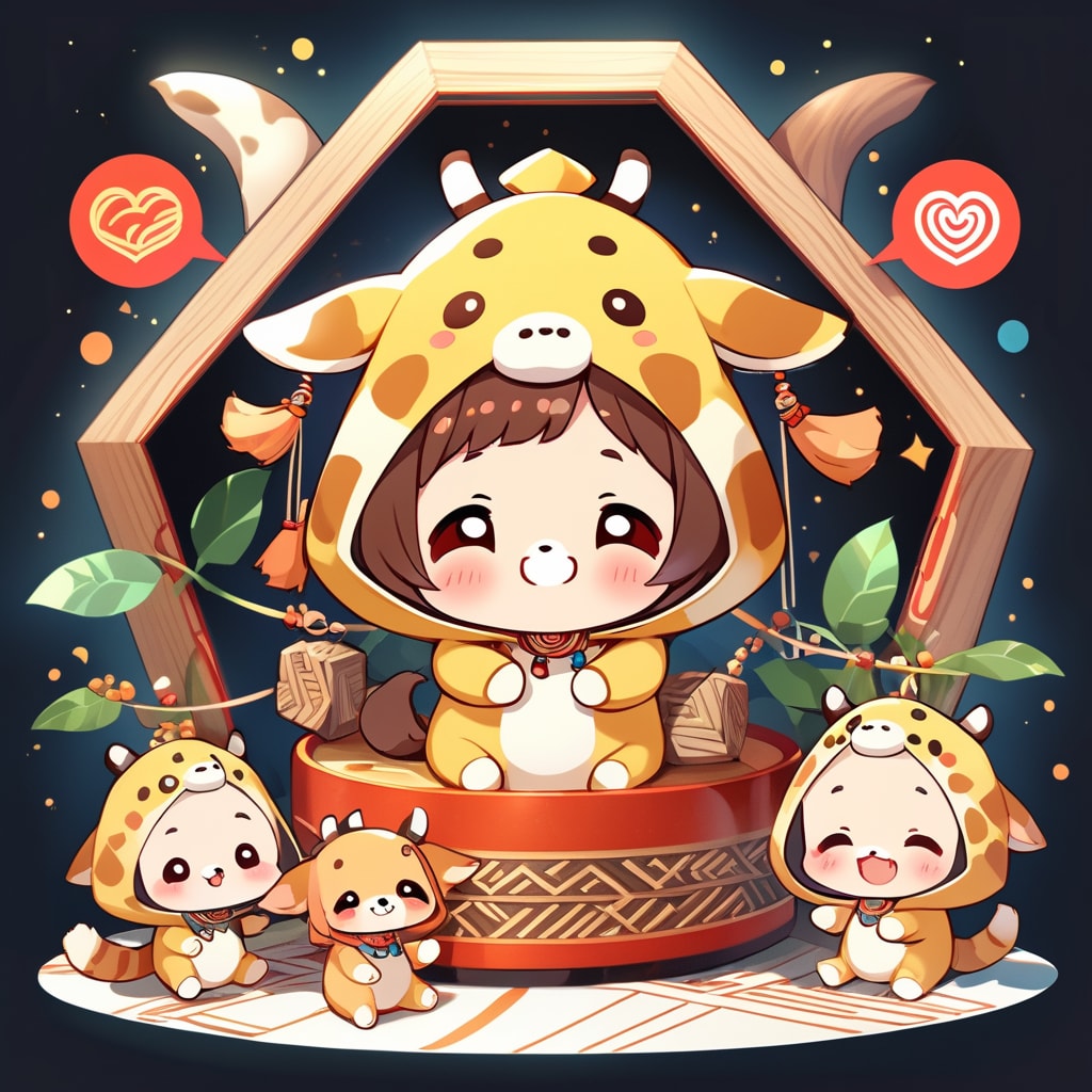 伝統的な文様とキリン着ぐるみちび子ちゃん