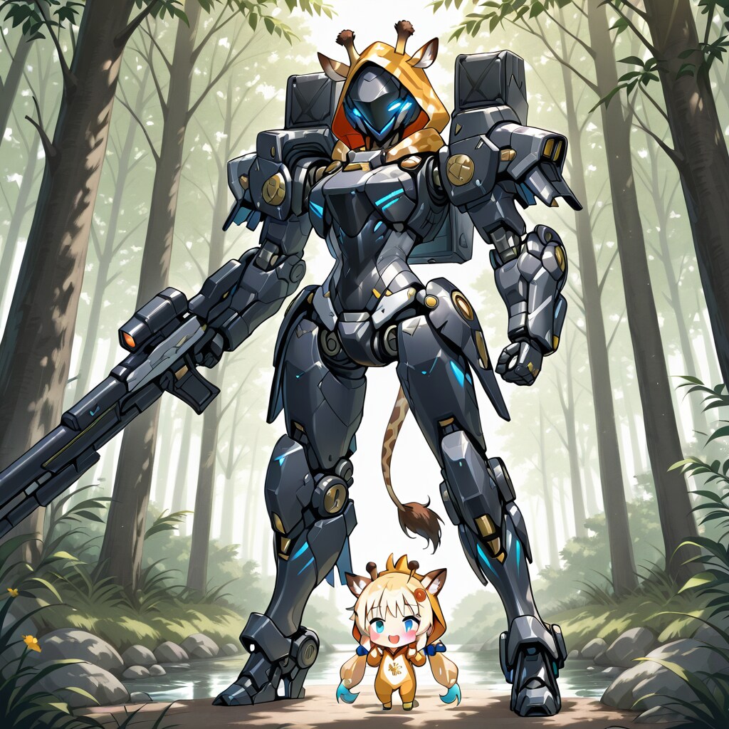 森の巨大ロボとキリン着ぐるみちび子ちゃん