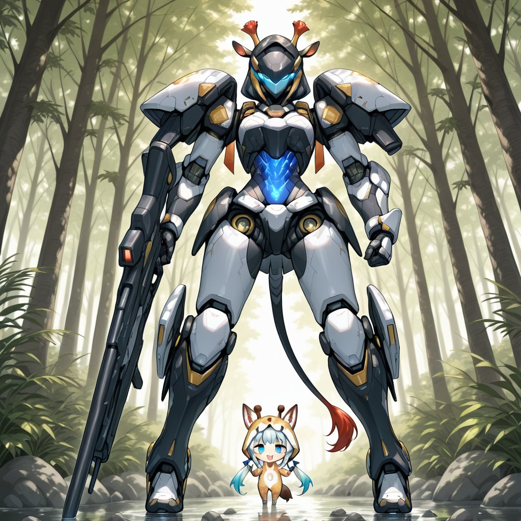 森の巨大ロボとキリン着ぐるみちび子ちゃん