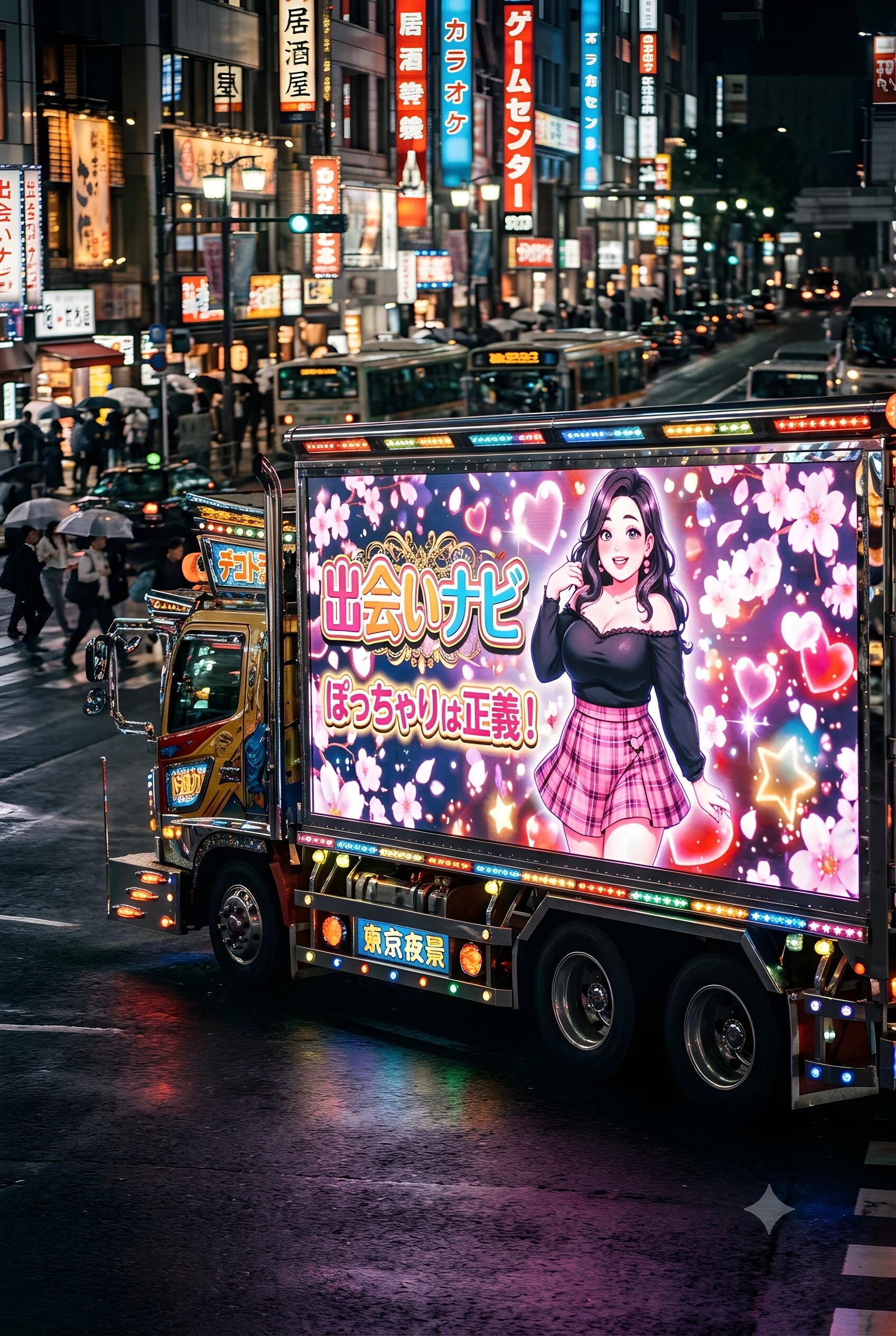 夜のネオン街を走るアドトラック