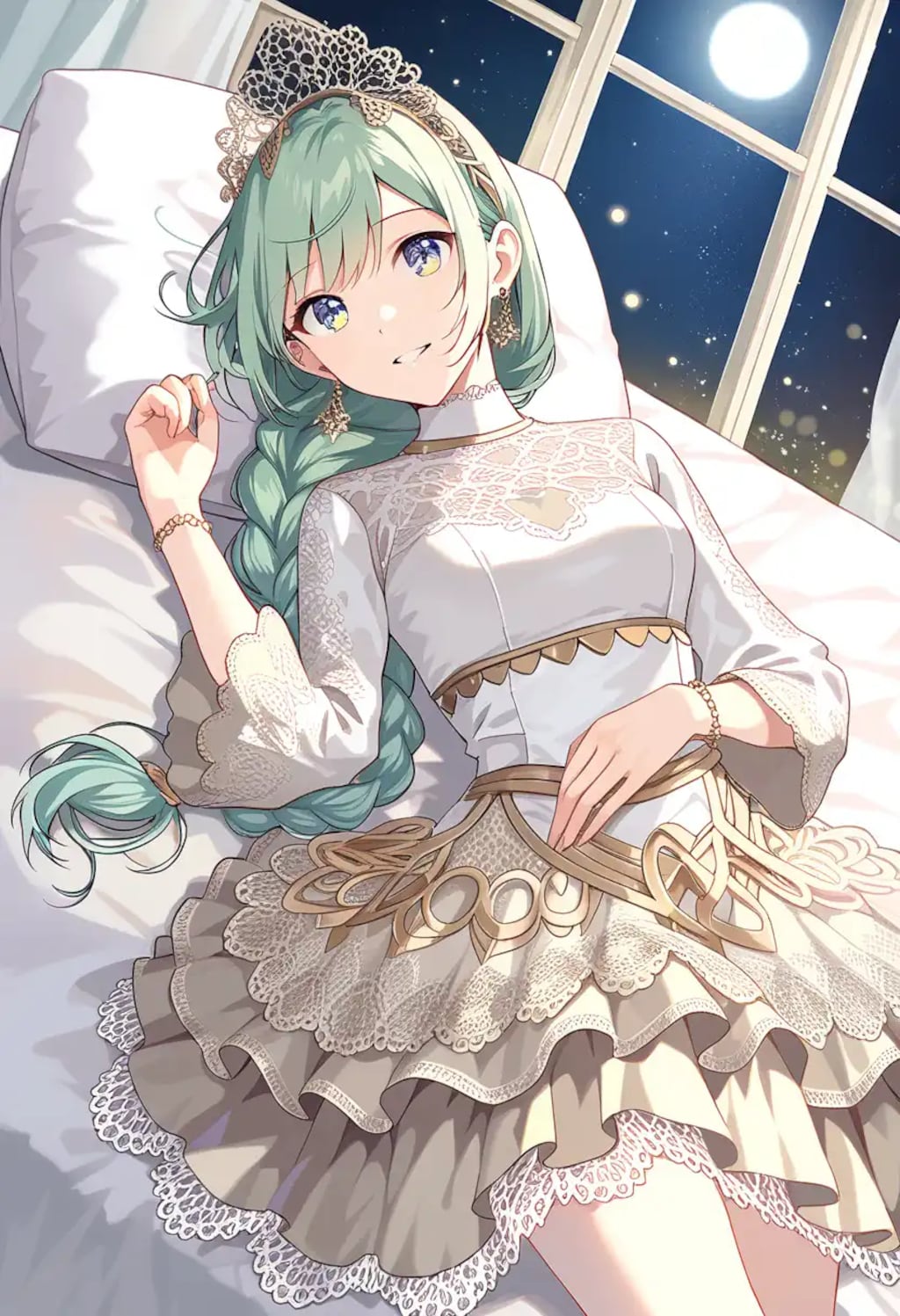 月の光が差すベッドに横たわる美少女
